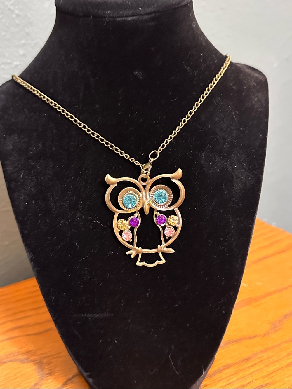 Gold-Tone Owl Pendant Necklace with Multi-Color Crystals